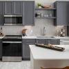 White countertops and grey cabinetry in apartment homes at Gem Lake